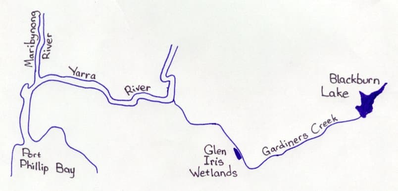 Map showing the waterway from Blackburn Lake to Port Phillip Bay